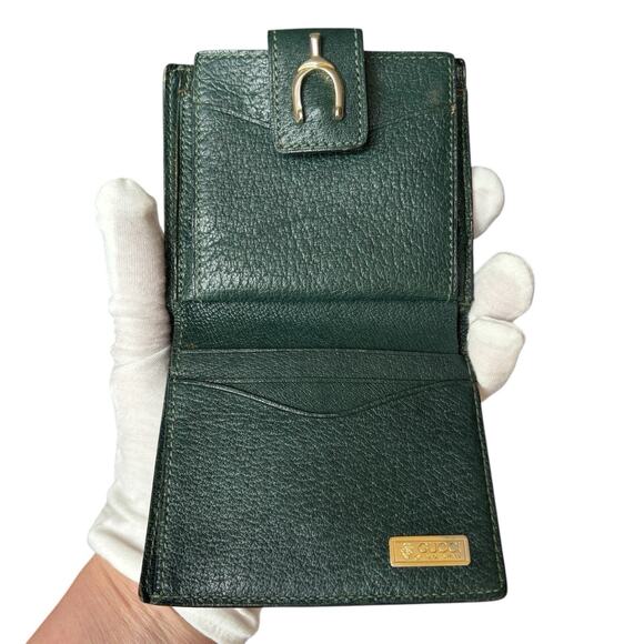 GUCCI Bifold Compact Wallet‎ Leather Dark Green Kiss Lock Horsebit - Picture 10 of 16